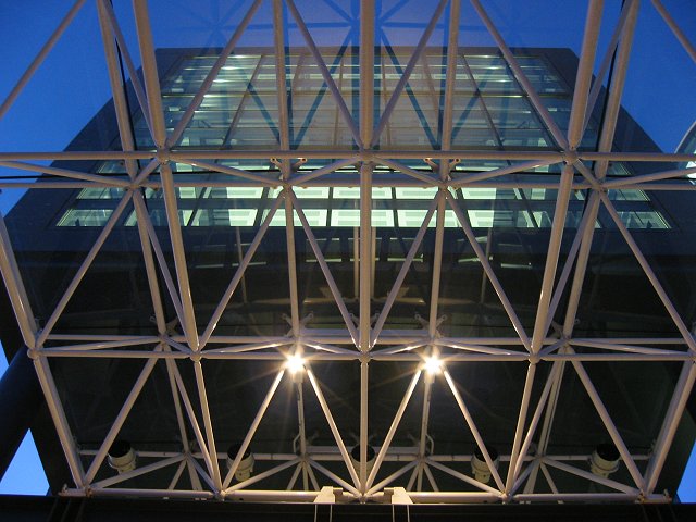Evening outside the entrance to the National Air and Space Museum's Steven F. Udvar-Hazy Center, Dulles, Virginia