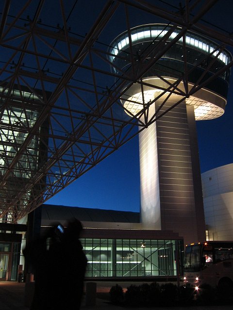 Evening outside the Donald D. Engen tower at the National Air and Space Museum's Steven F. Udvar-Hazy Center, Dulles, Virginia