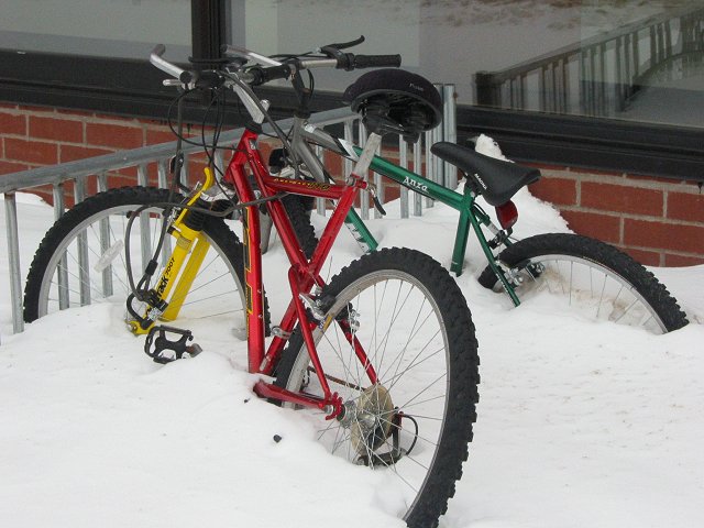 Bikes in snow, University of Minnesota, Duluth